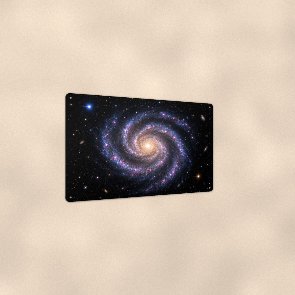 Classic Spiral Galaxy aluminum metal sign 12" x 8" - angled view showing glossy finish