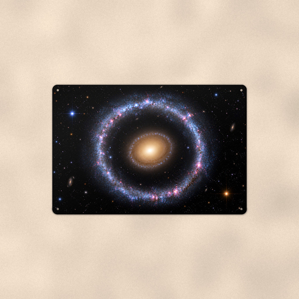 Golden Ring Galaxy aluminum metal sign 12" x 8" - front view on warm wall