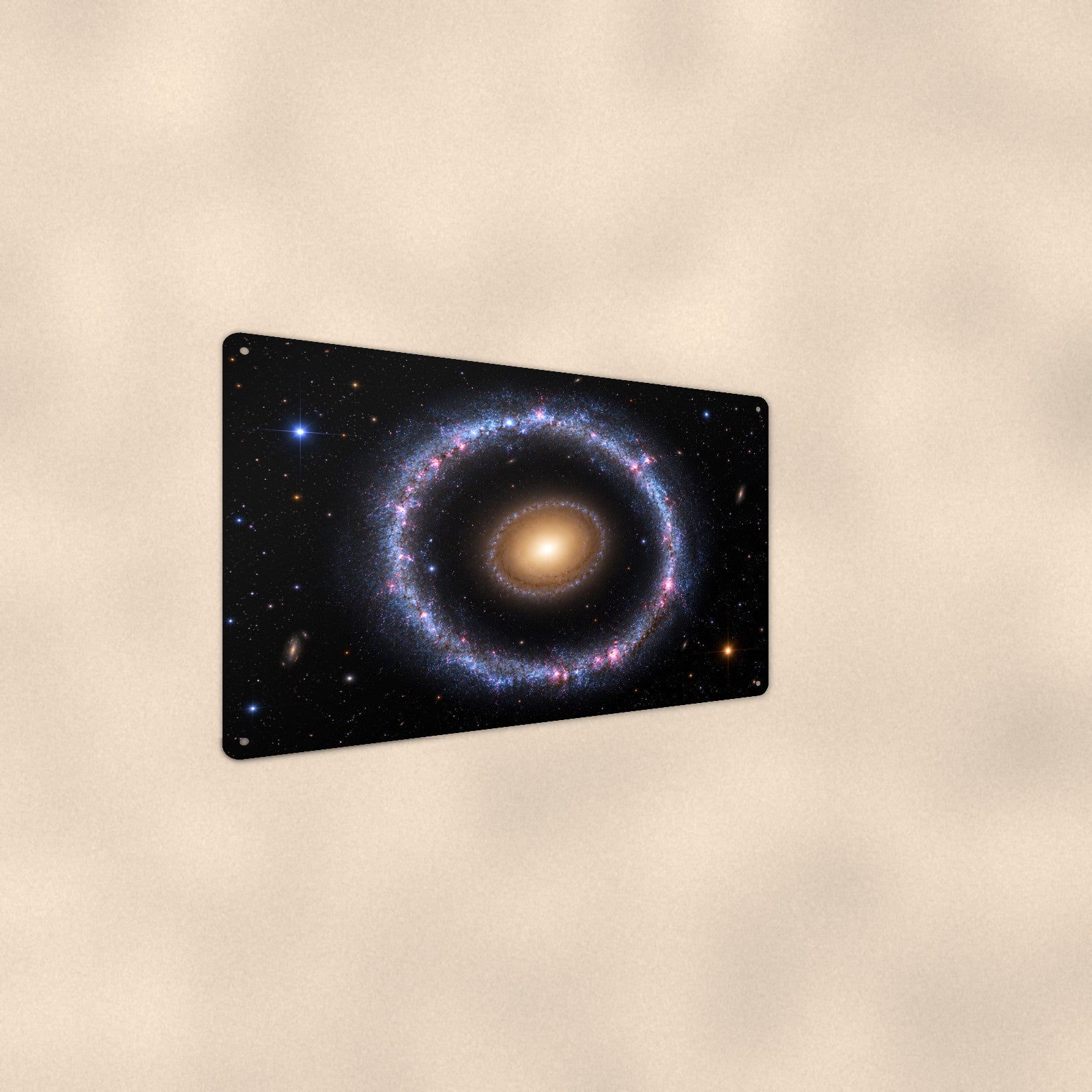 Golden Ring Galaxy aluminum metal sign 12" x 8" - angled wall view from a wider angle