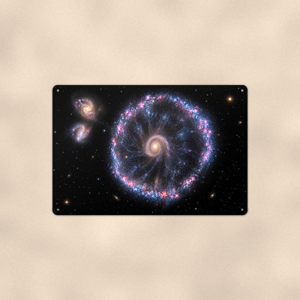 Cartwheel Galaxy aluminum metal sign 12" x 8" - front view on warm wall