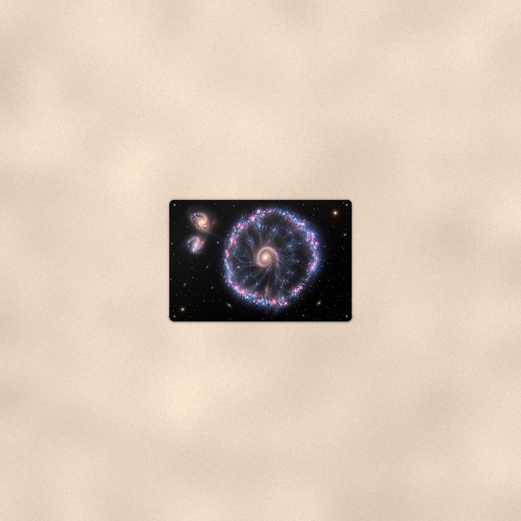 Cartwheel Galaxy aluminum metal sign 12" x 8" - room view on warm wall
