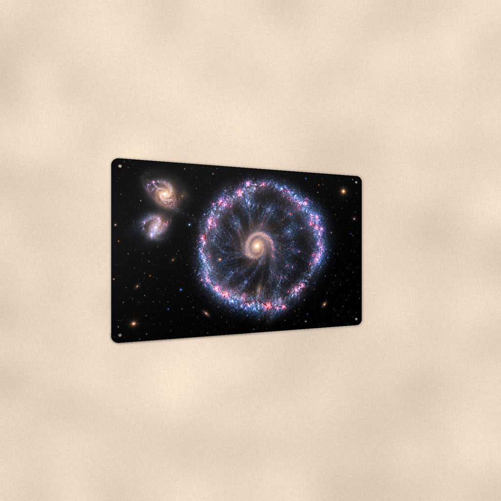 Cartwheel Galaxy aluminum metal sign 12" x 8" - angled view showing glossy finish