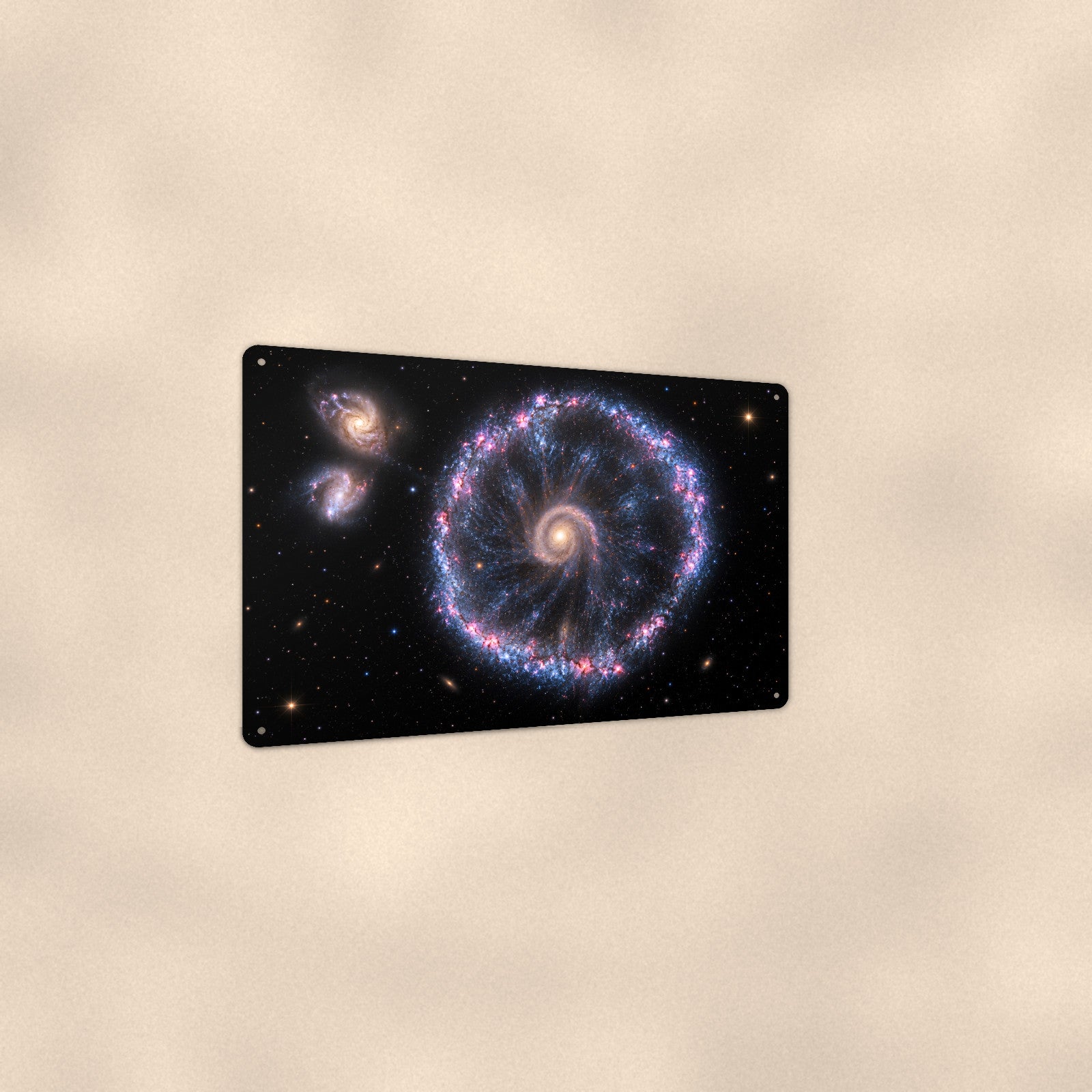 Cartwheel Galaxy aluminum metal sign 12" x 8" - angled view showing glossy finish