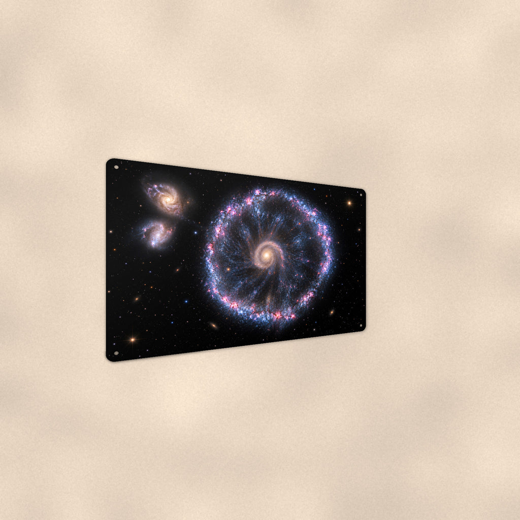 Cartwheel Galaxy aluminum metal sign 12" x 8" - angled wall view from a wider angle