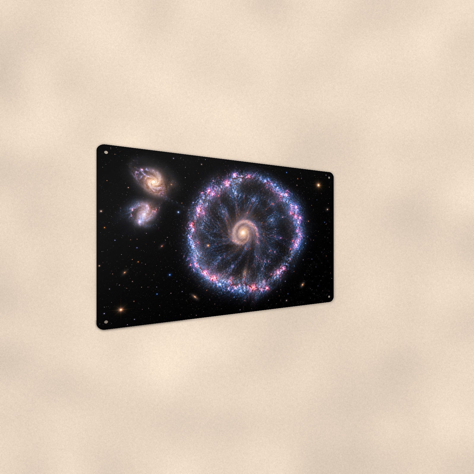 Cartwheel Galaxy aluminum metal sign 12" x 8" - angled wall view from a wider angle