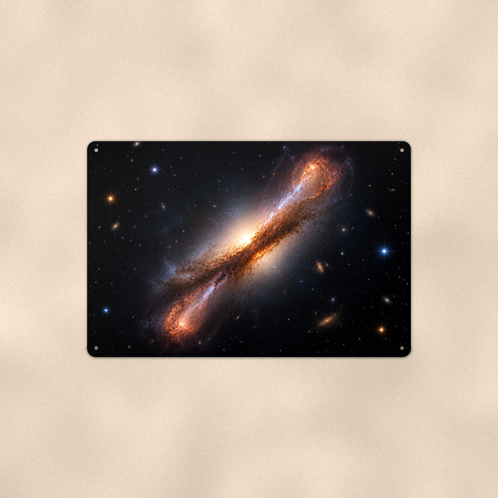 Edge-On Galaxy Golden Core aluminum metal sign 12" x 8" - front view on warm wall
