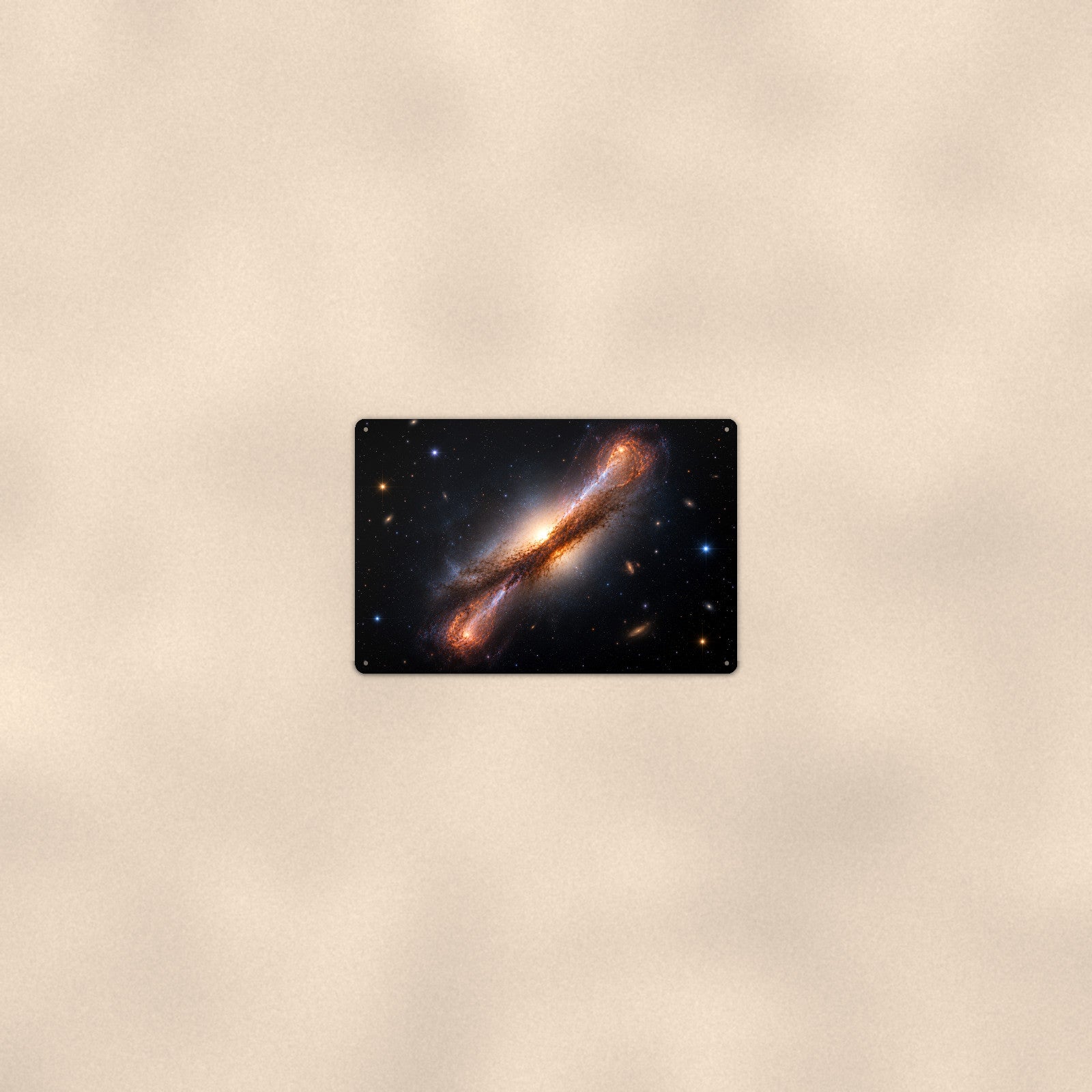 Edge-On Galaxy Golden Core aluminum metal sign 12" x 8" - room view on warm wall