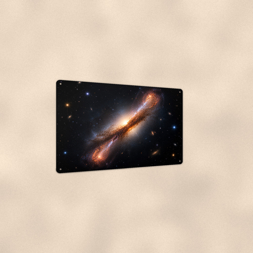 Edge-On Galaxy Golden Core aluminum metal sign 12" x 8" - angled view showing glossy finish