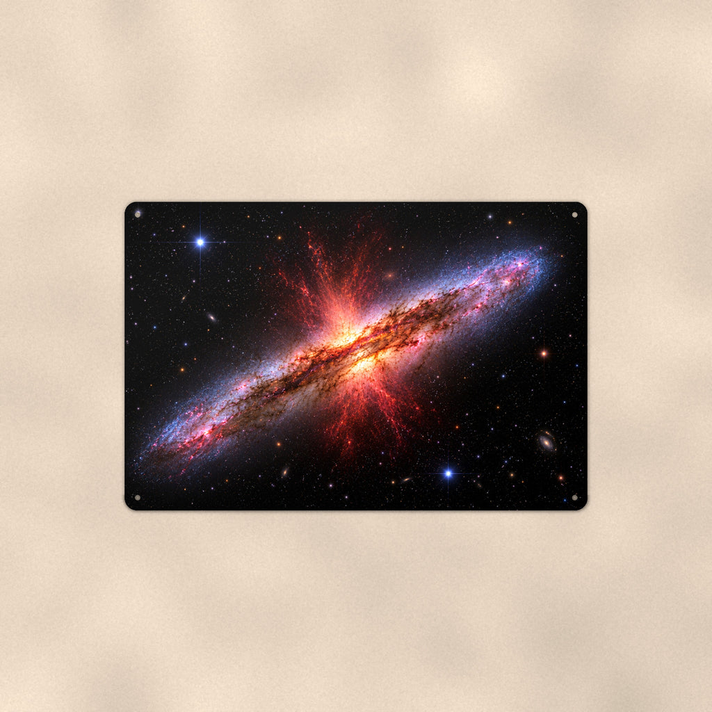 Red Burst Edge-On Galaxy aluminum metal sign 12" x 8" - front view on warm wall