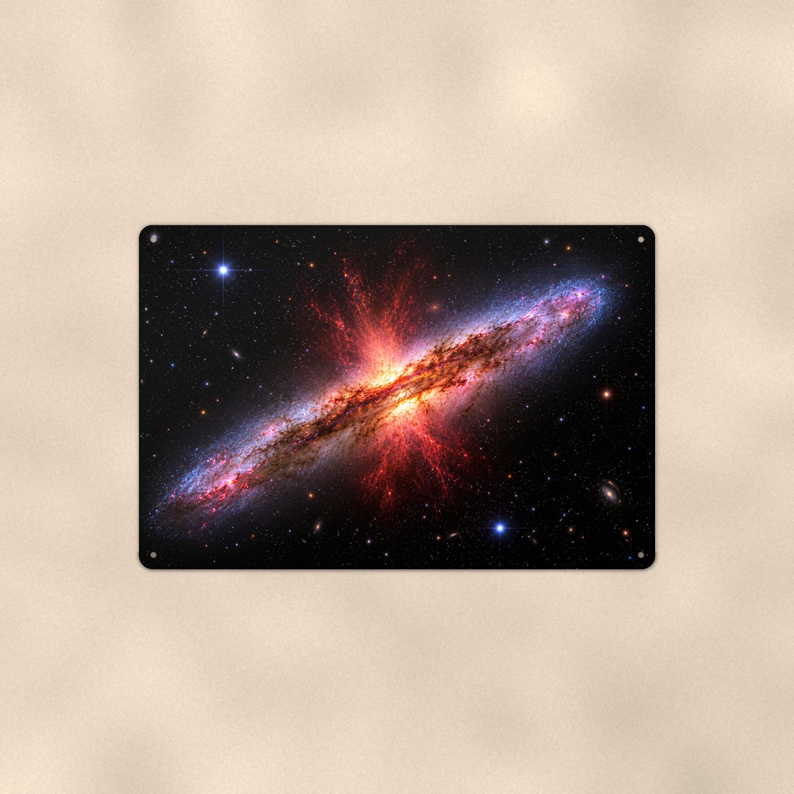 Red Burst Edge-On Galaxy aluminum metal sign 12" x 8" - front view on warm wall