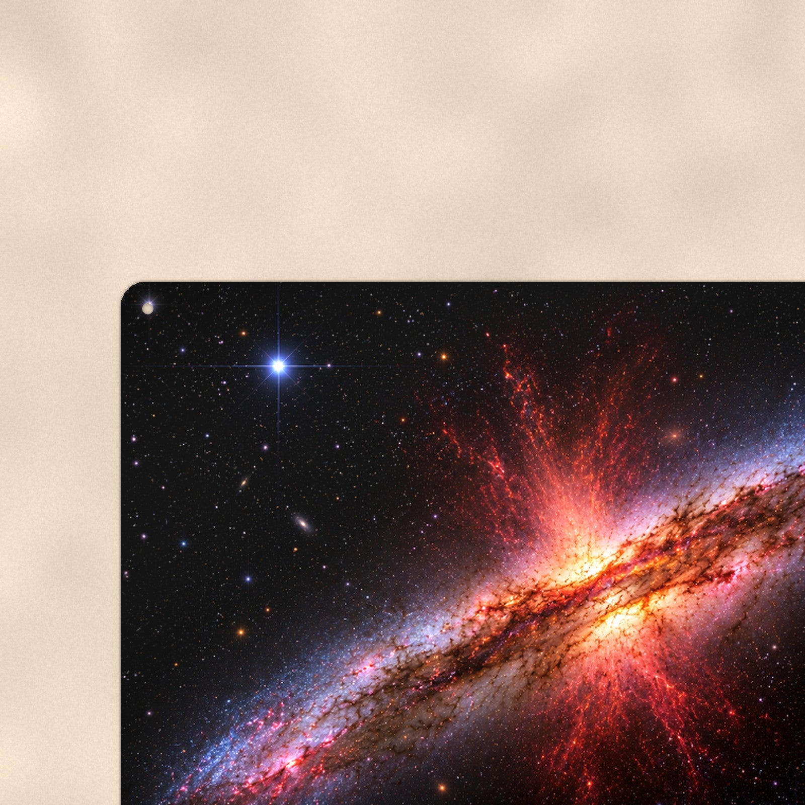 Red Burst Edge-On Galaxy aluminum metal sign 12" x 8" - close-up view of the printed artwork
