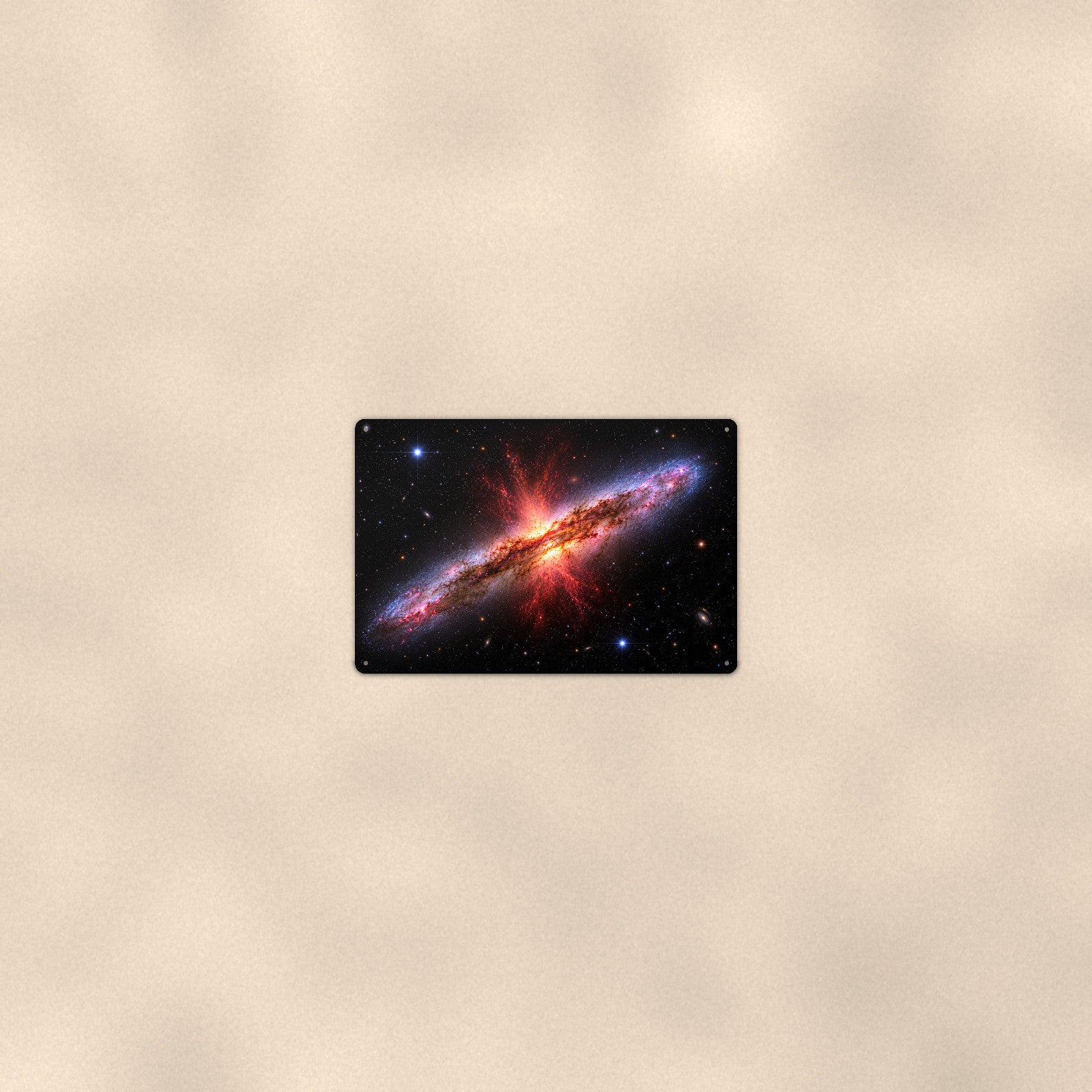 Red Burst Edge-On Galaxy aluminum metal sign 12" x 8" - room view on warm wall