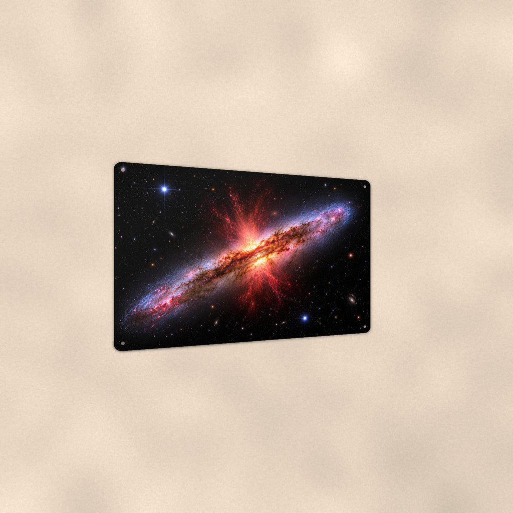 Red Burst Edge-On Galaxy aluminum metal sign 12" x 8" - angled view showing glossy finish