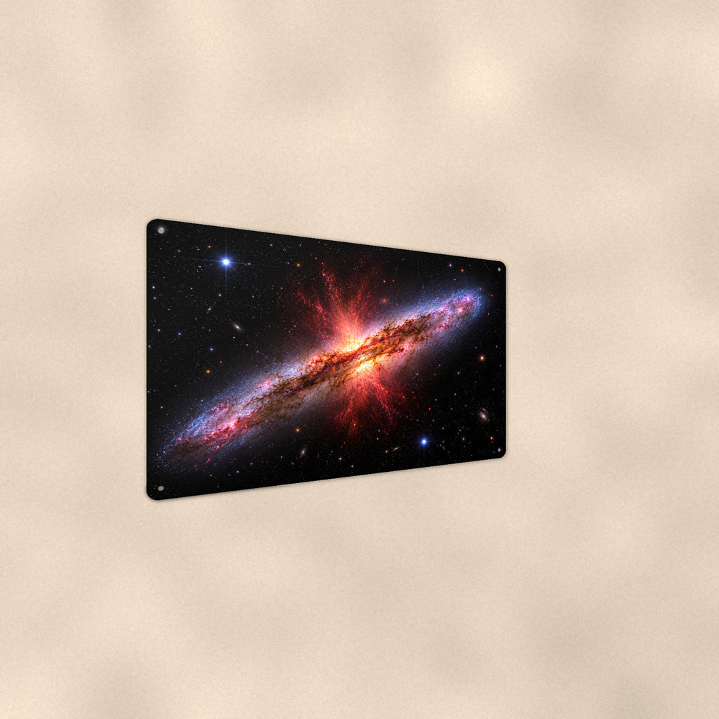 Red Burst Edge-On Galaxy aluminum metal sign 12" x 8" - angled wall view from a wider angle