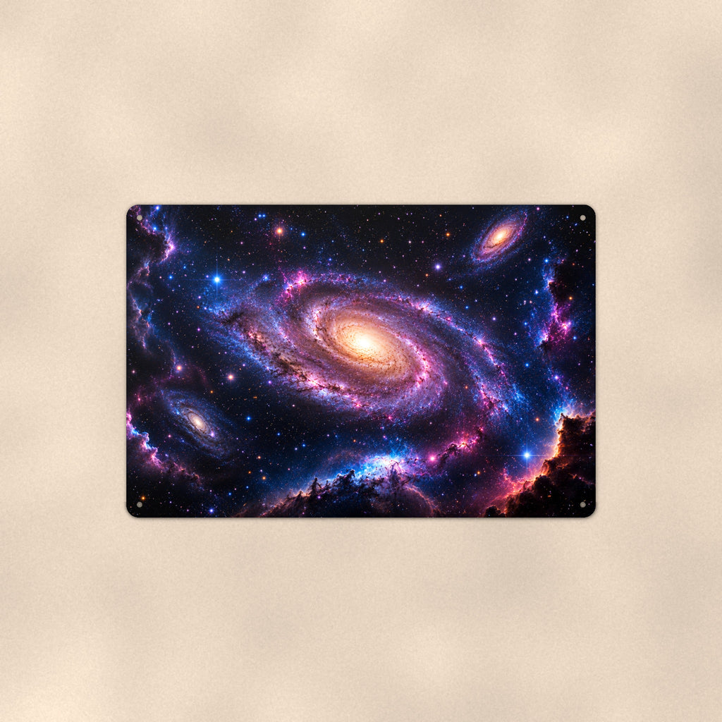 Nebula Vista with Spiral Galaxy aluminum metal sign 12" x 8" - front view on warm wall