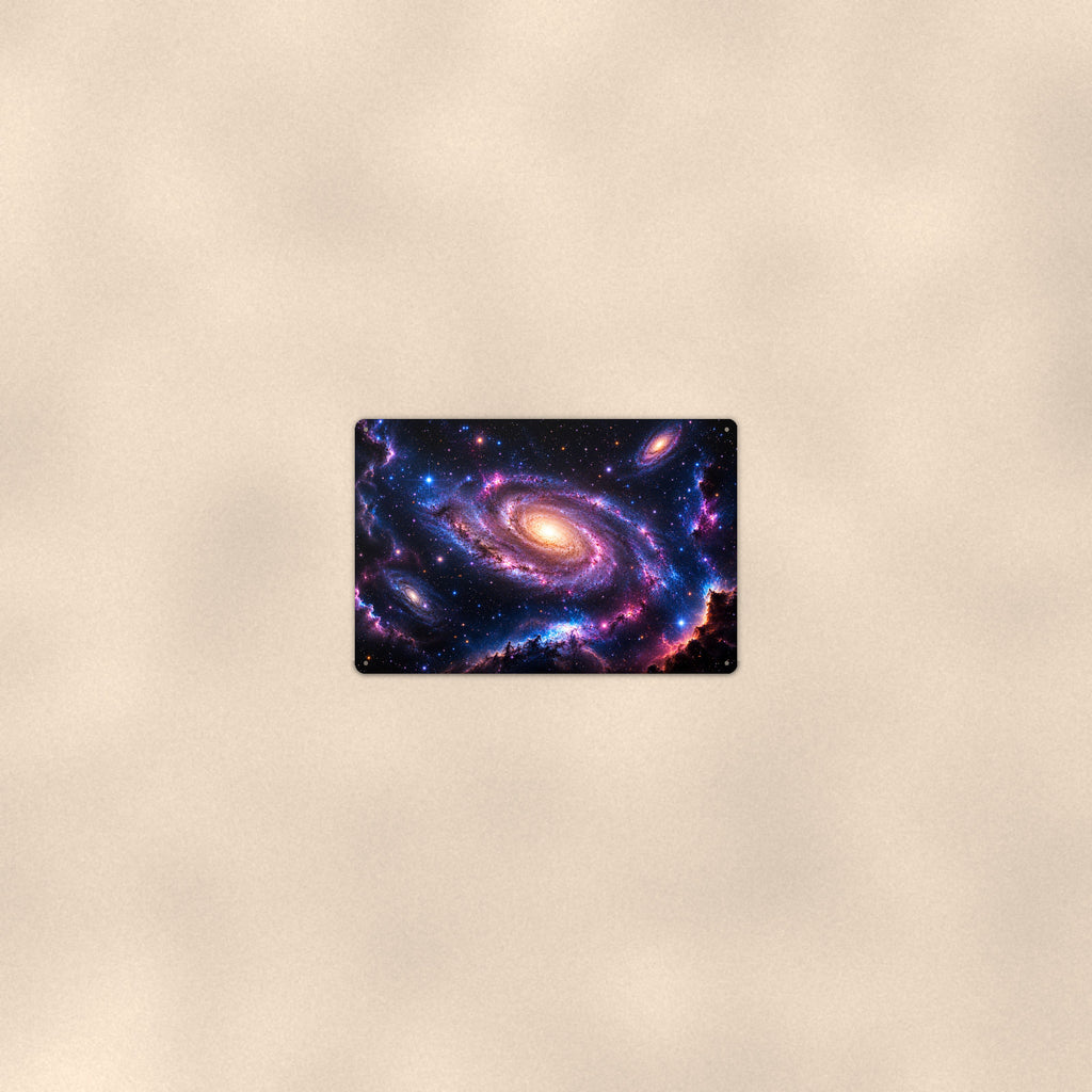 Nebula Vista with Spiral Galaxy aluminum metal sign 12" x 8" - room view on warm wall