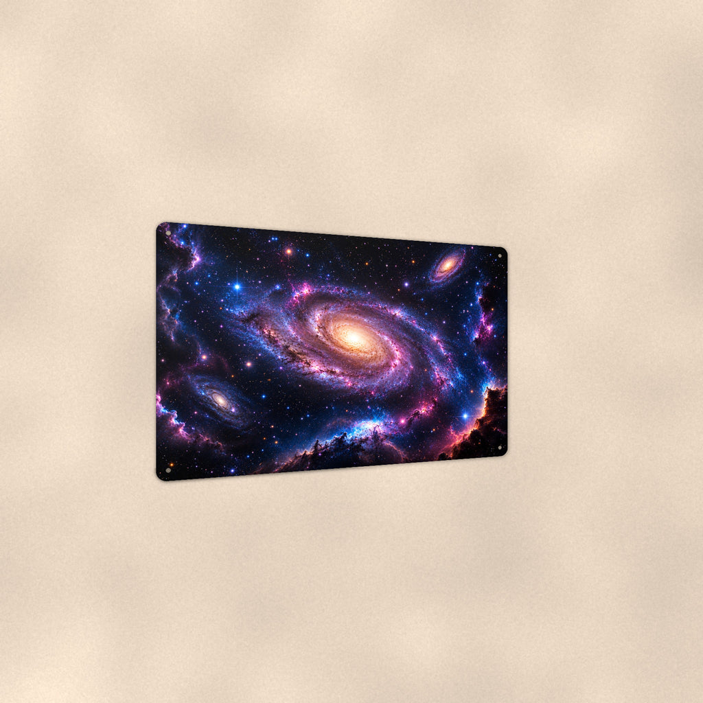 Nebula Vista with Spiral Galaxy aluminum metal sign 12" x 8" - angled view showing glossy finish
