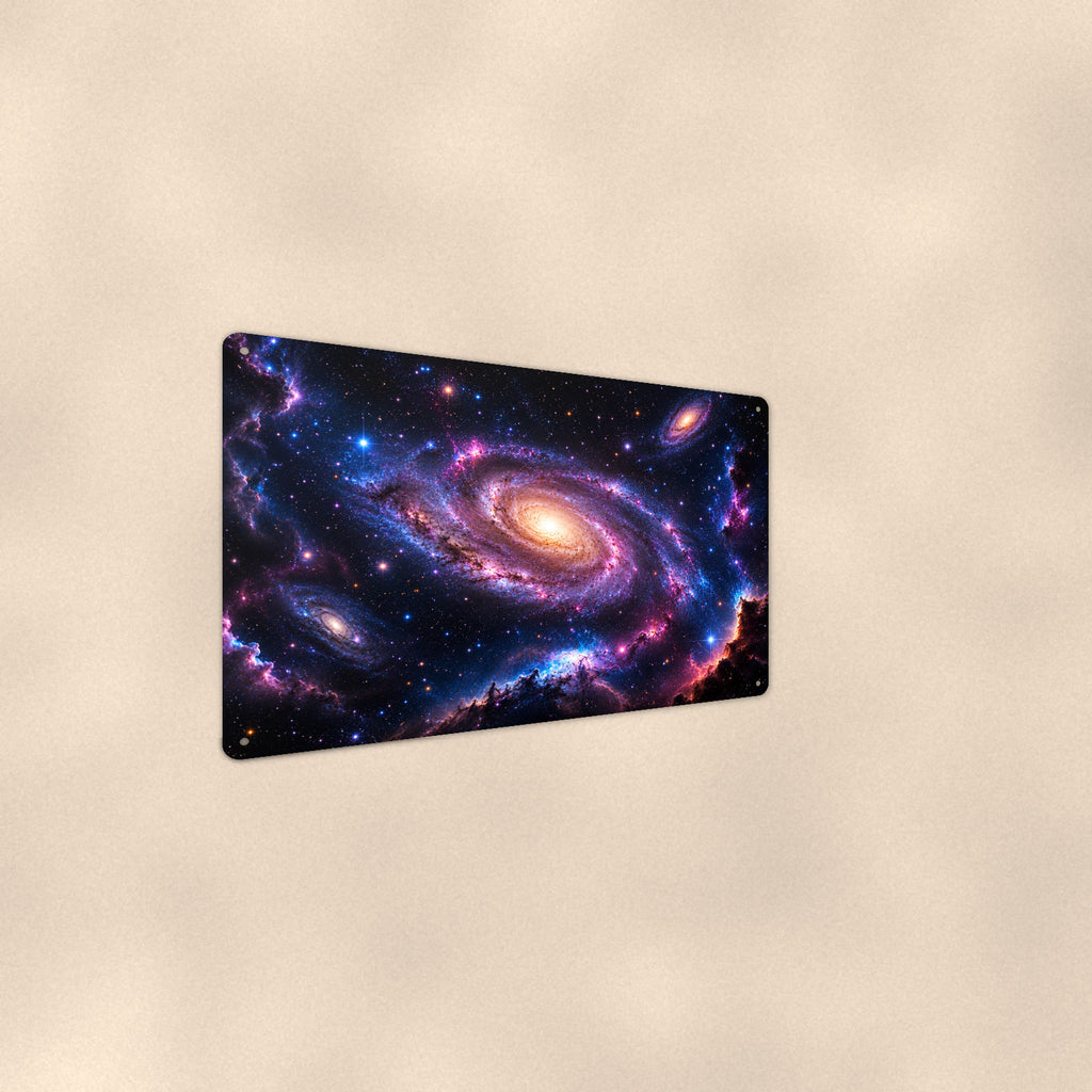 Nebula Vista with Spiral Galaxy aluminum metal sign 12" x 8" - angled wall view from a wider angle