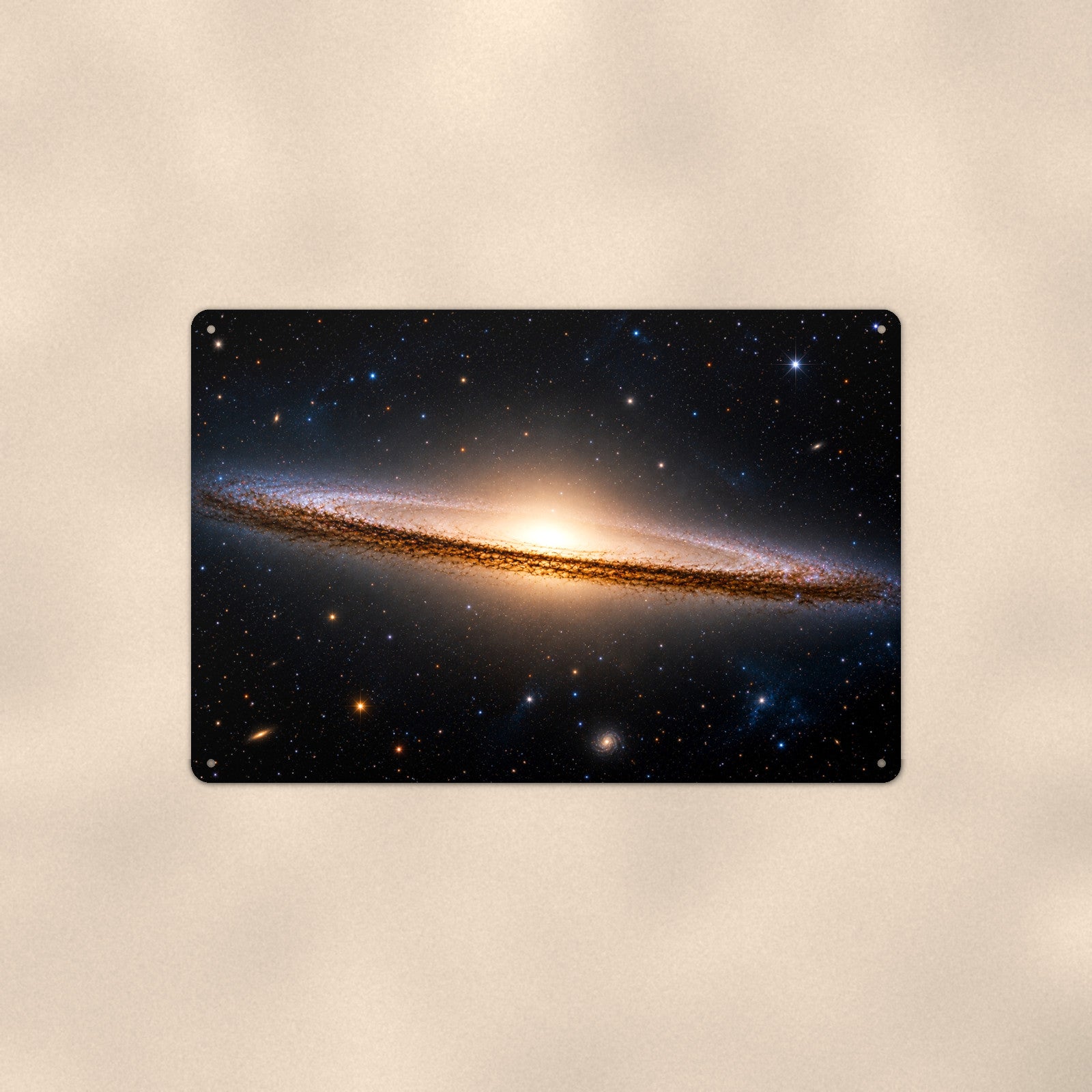 Sombrero Galaxy aluminum metal sign 12" x 8" - front view on warm wall