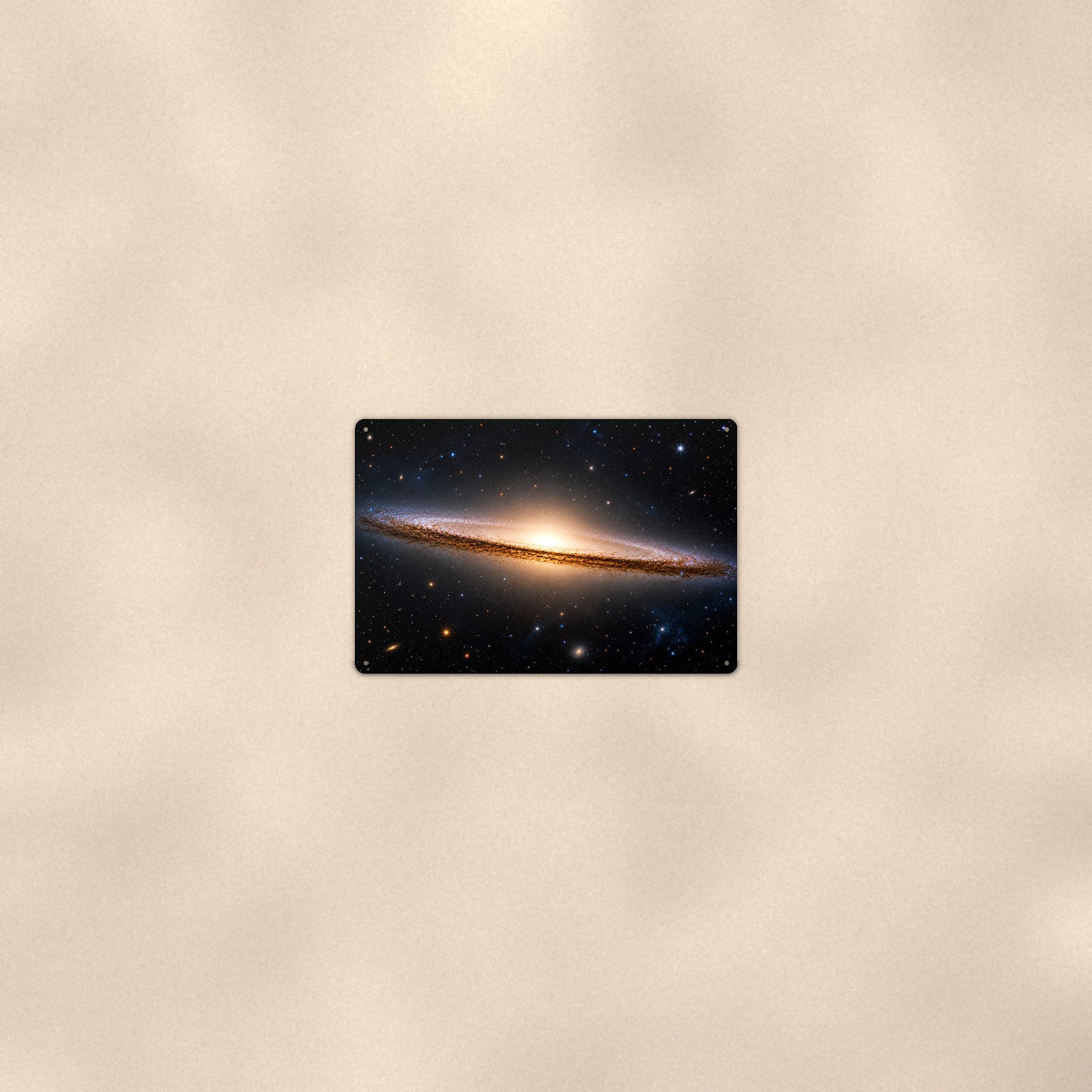 Sombrero Galaxy aluminum metal sign 12" x 8" - room view on warm wall