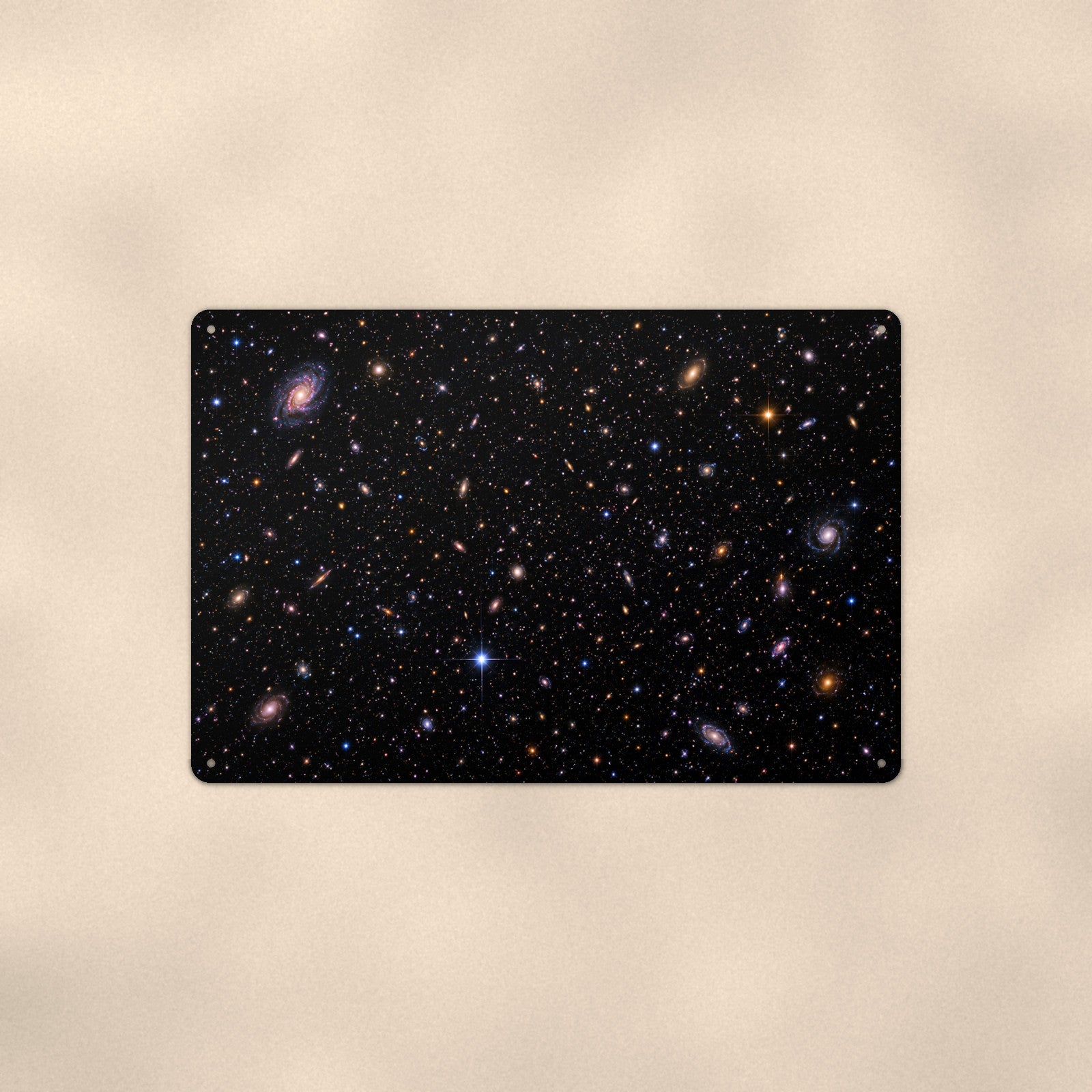 Deep Field Galaxies aluminum metal sign 12" x 8" - front view on warm wall