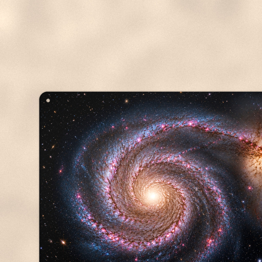 Twin Spiral Galaxies aluminum metal sign 12" x 8" - close-up view of the printed artwork