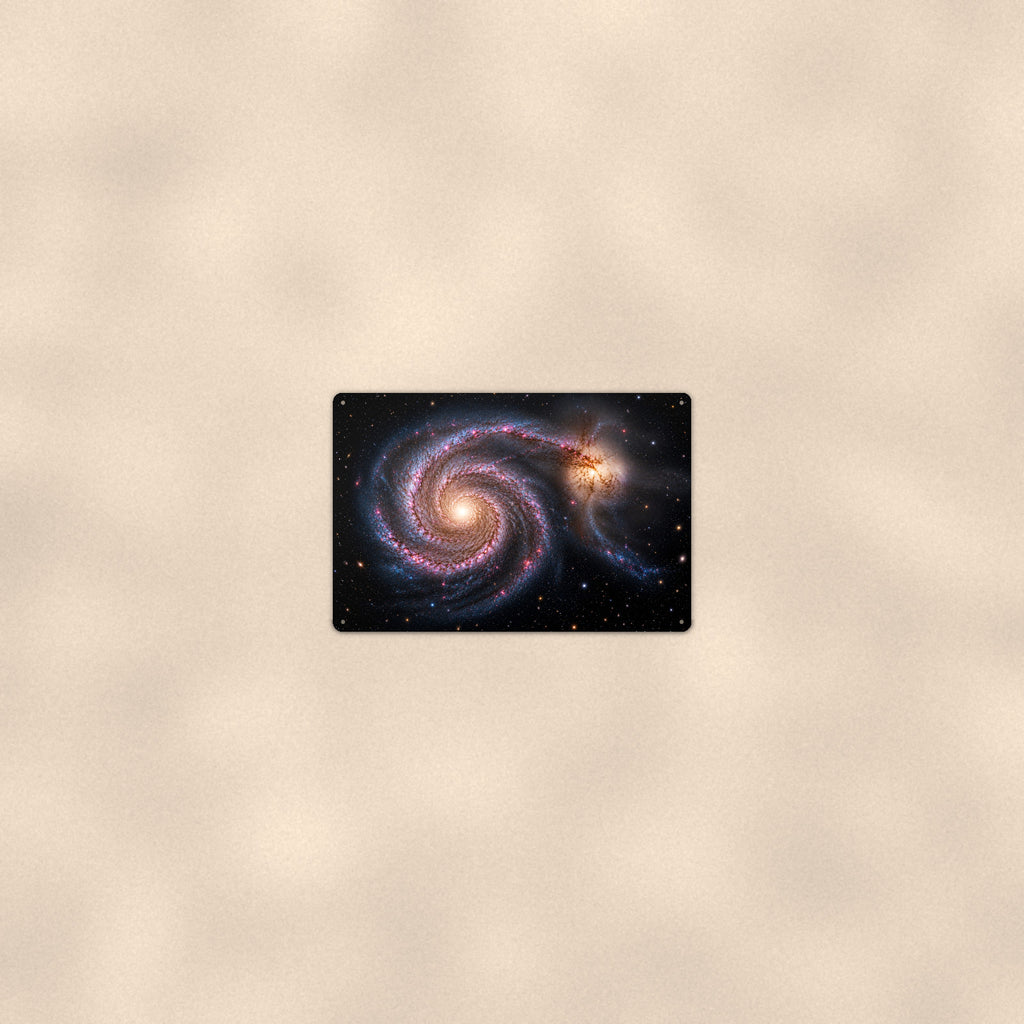 Twin Spiral Galaxies aluminum metal sign 12" x 8" - room view on warm wall