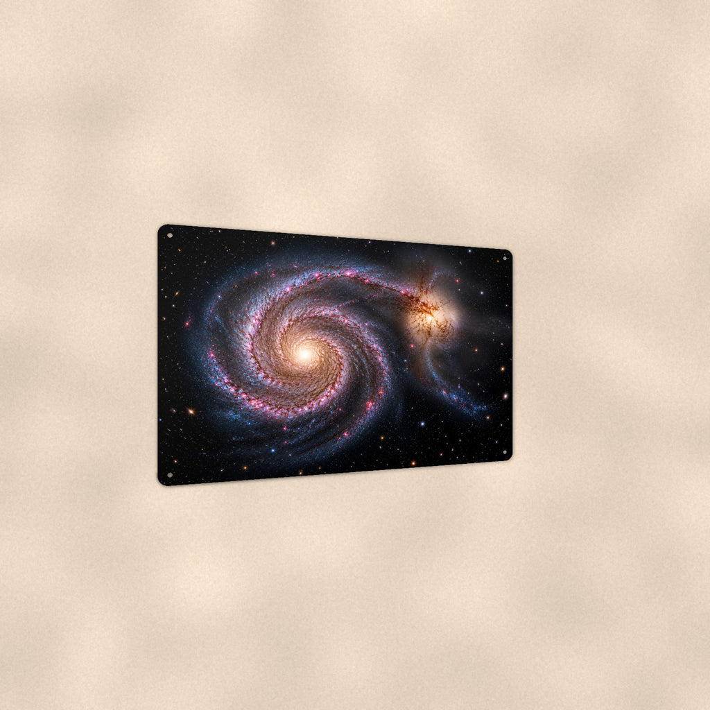 Twin Spiral Galaxies aluminum metal sign 12" x 8" - angled view showing glossy finish