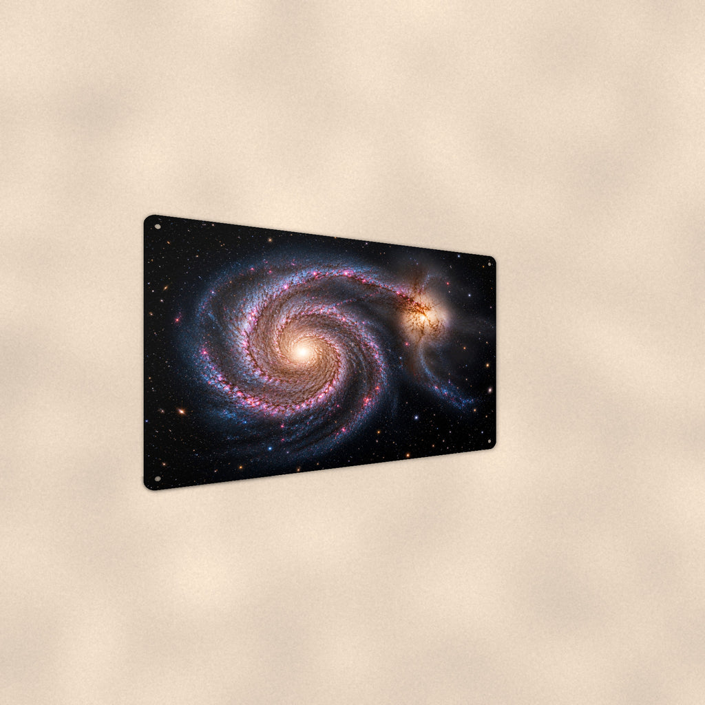 Twin Spiral Galaxies aluminum metal sign 12" x 8" - angled wall view from a wider angle