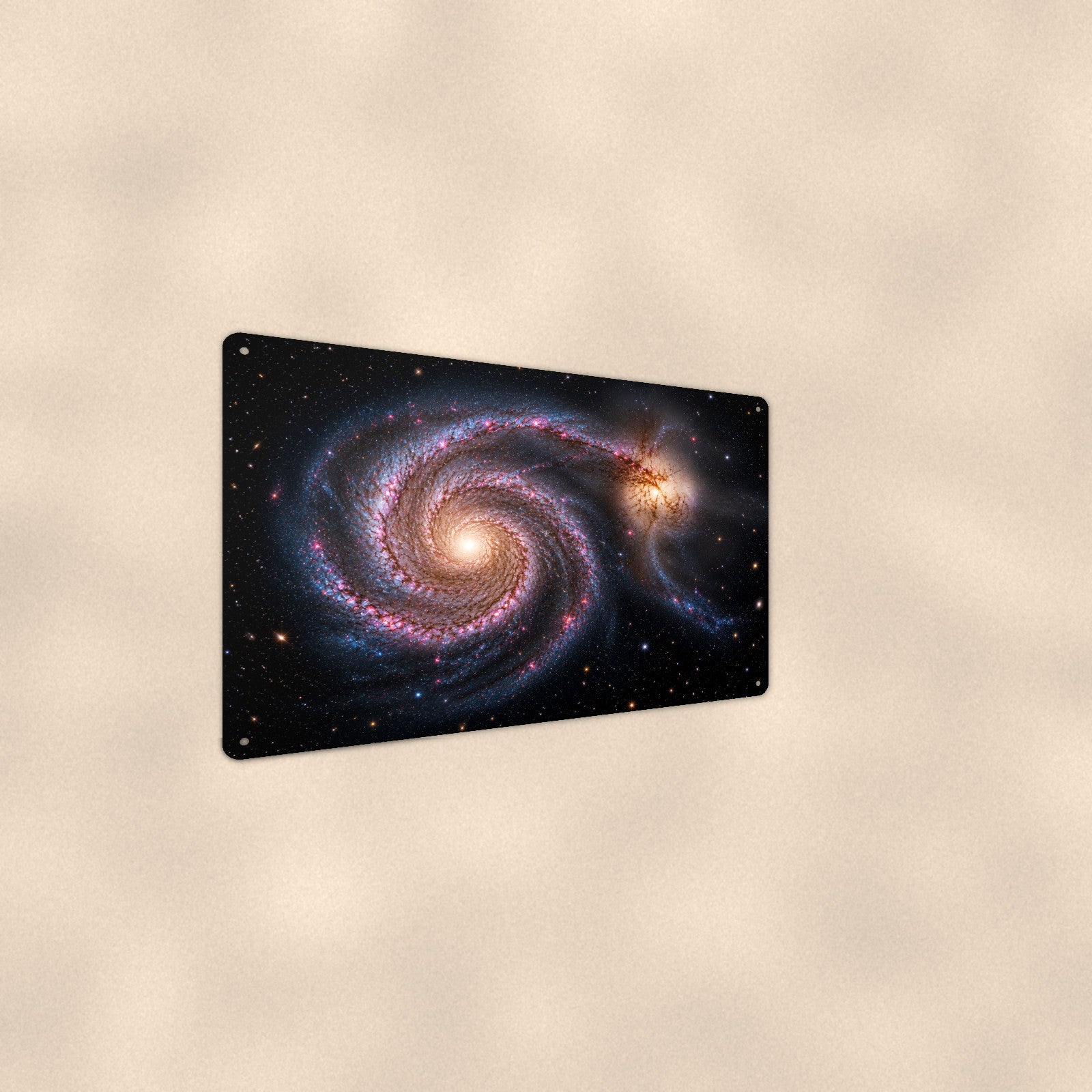 Twin Spiral Galaxies aluminum metal sign 12" x 8" - angled wall view from a wider angle