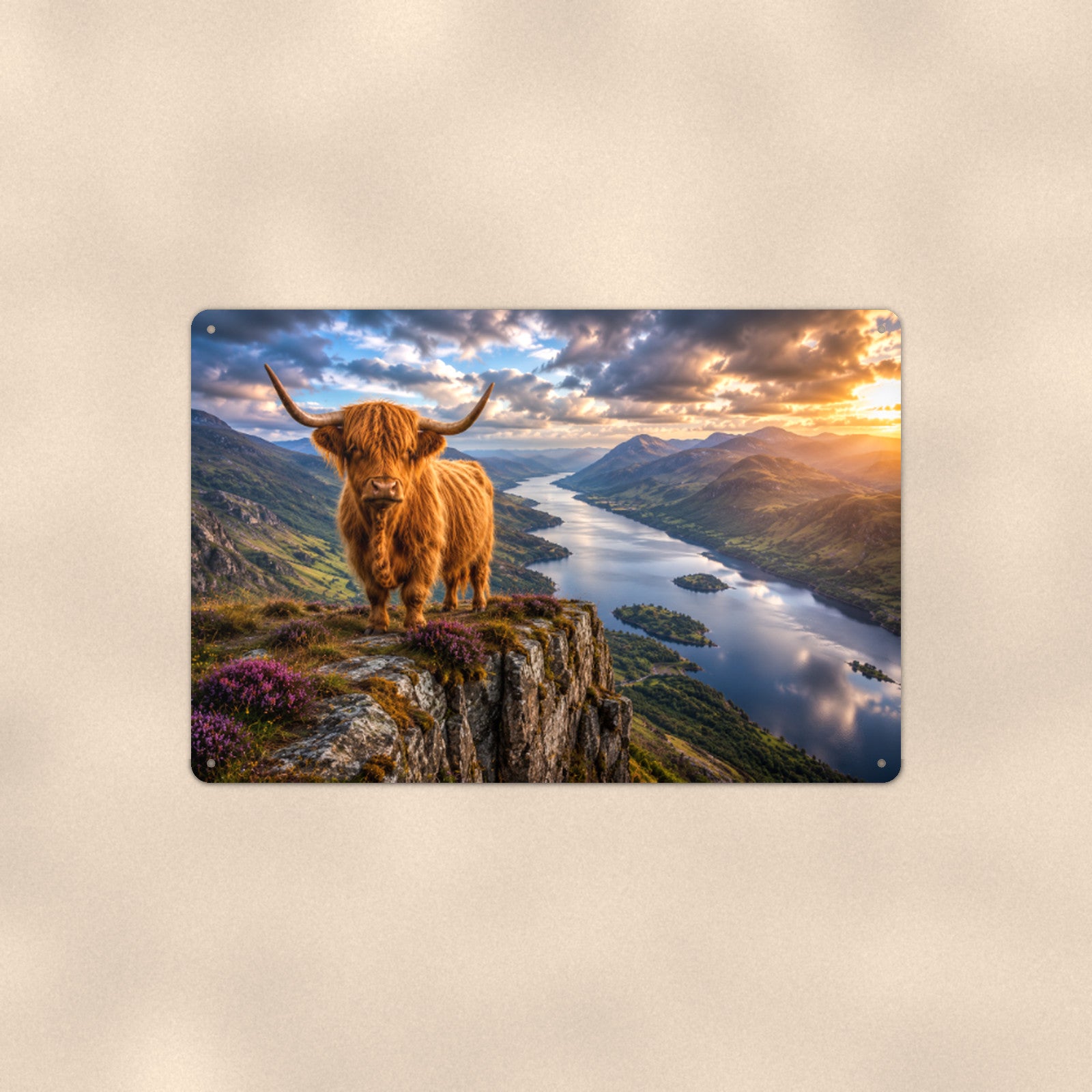 Highland Cow on Cliff Overlooking Loch aluminum metal sign 12" x 8" - front view on warm wall