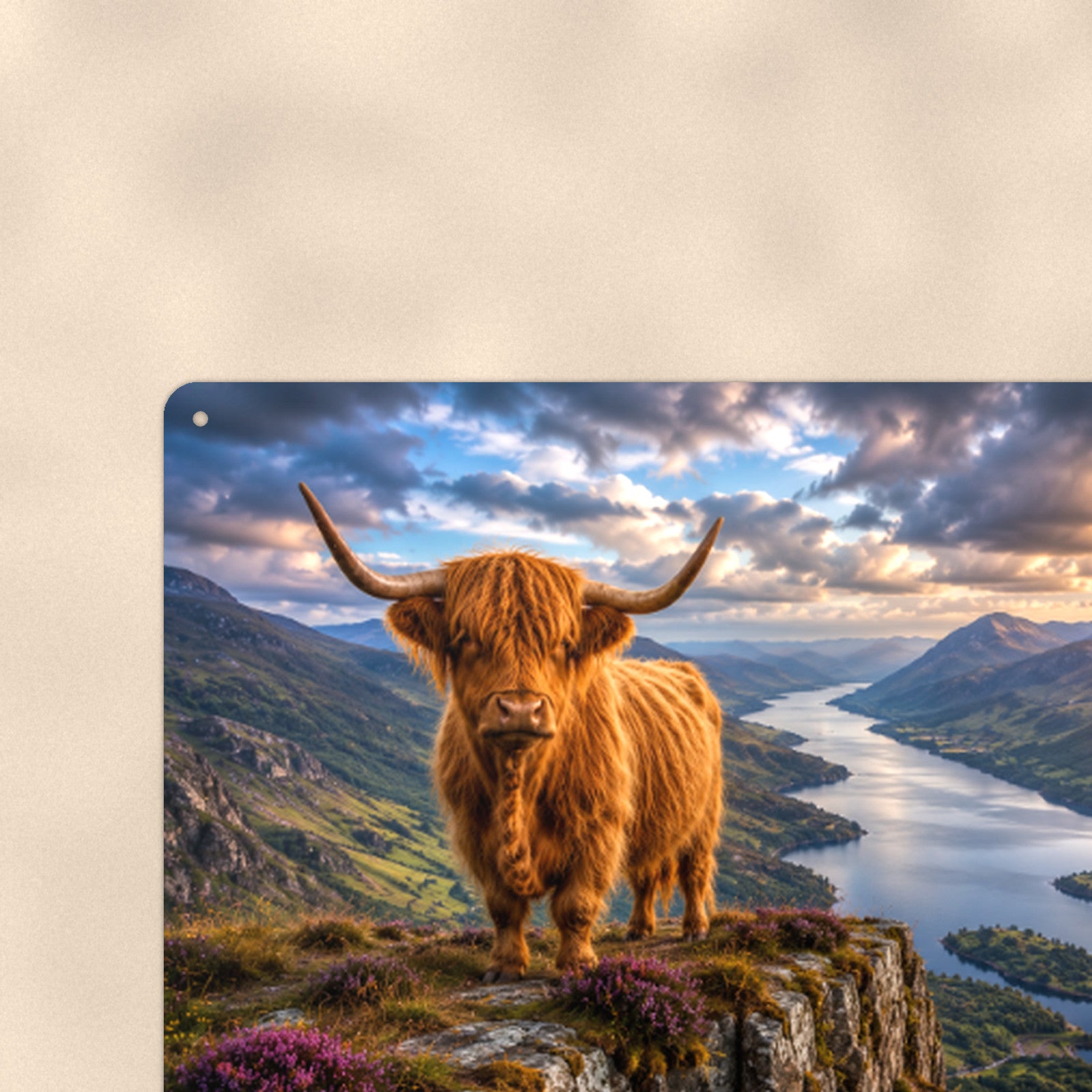 Highland Cow on Cliff Overlooking Loch aluminum metal sign 12" x 8" - close-up of rounded corner and mounting hole