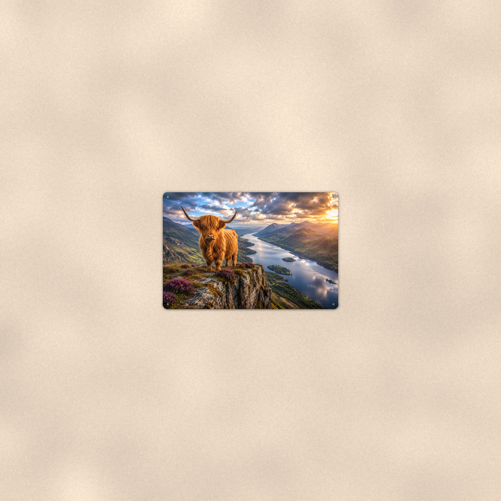 Highland Cow on Cliff Overlooking Loch aluminum metal sign 12" x 8" - room view on warm wall
