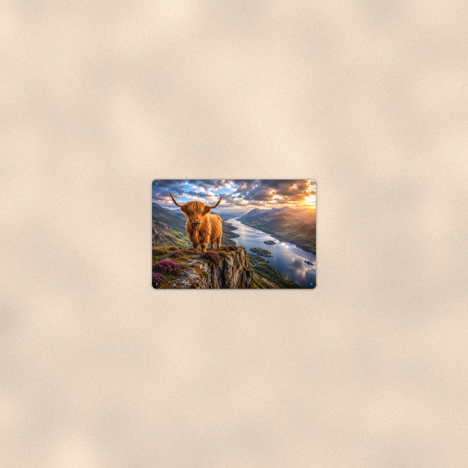 Highland Cow on Cliff Overlooking Loch aluminum metal sign 12" x 8" - room view on warm wall