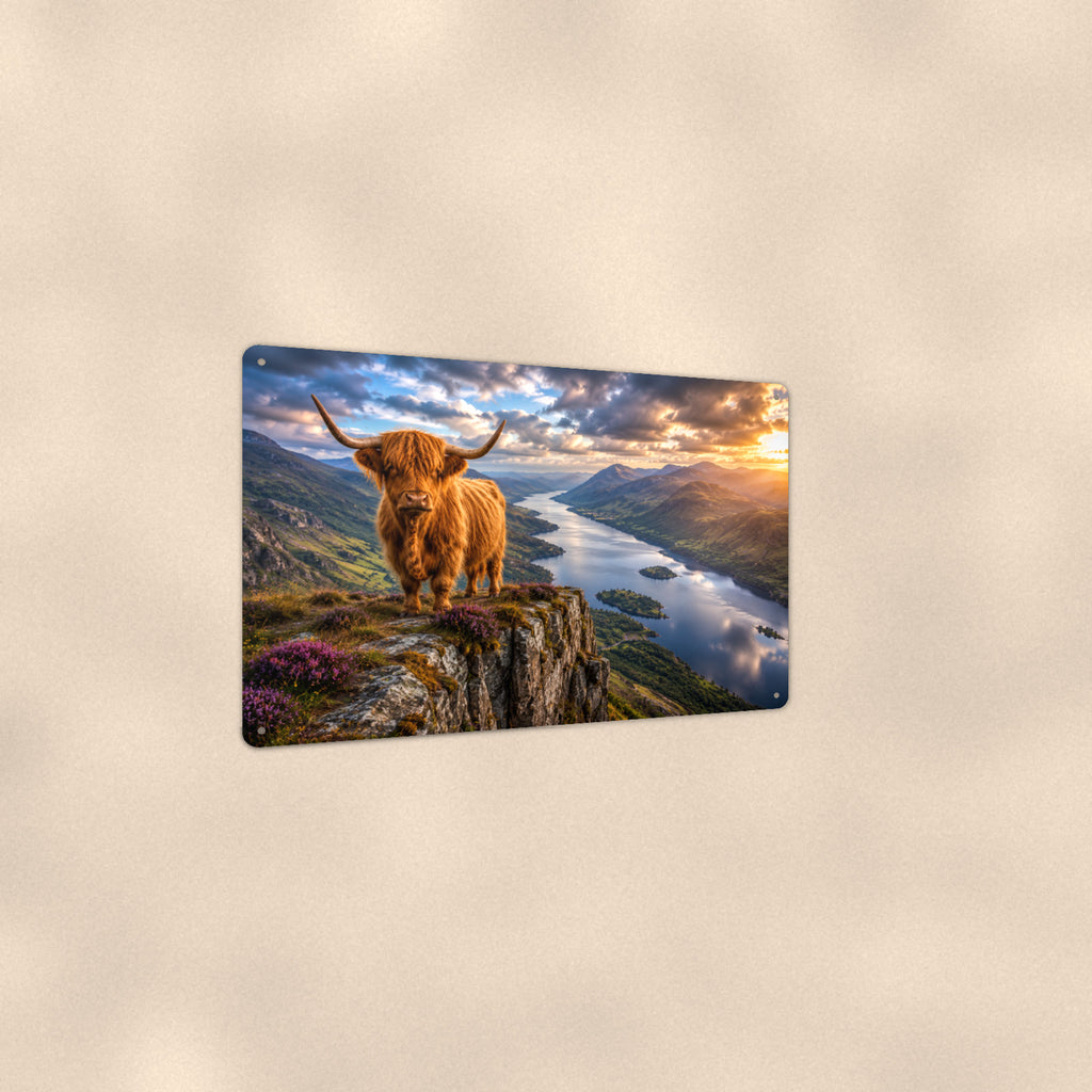 Highland Cow on Cliff Overlooking Loch aluminum metal sign 12" x 8" - angled view showing glossy finish