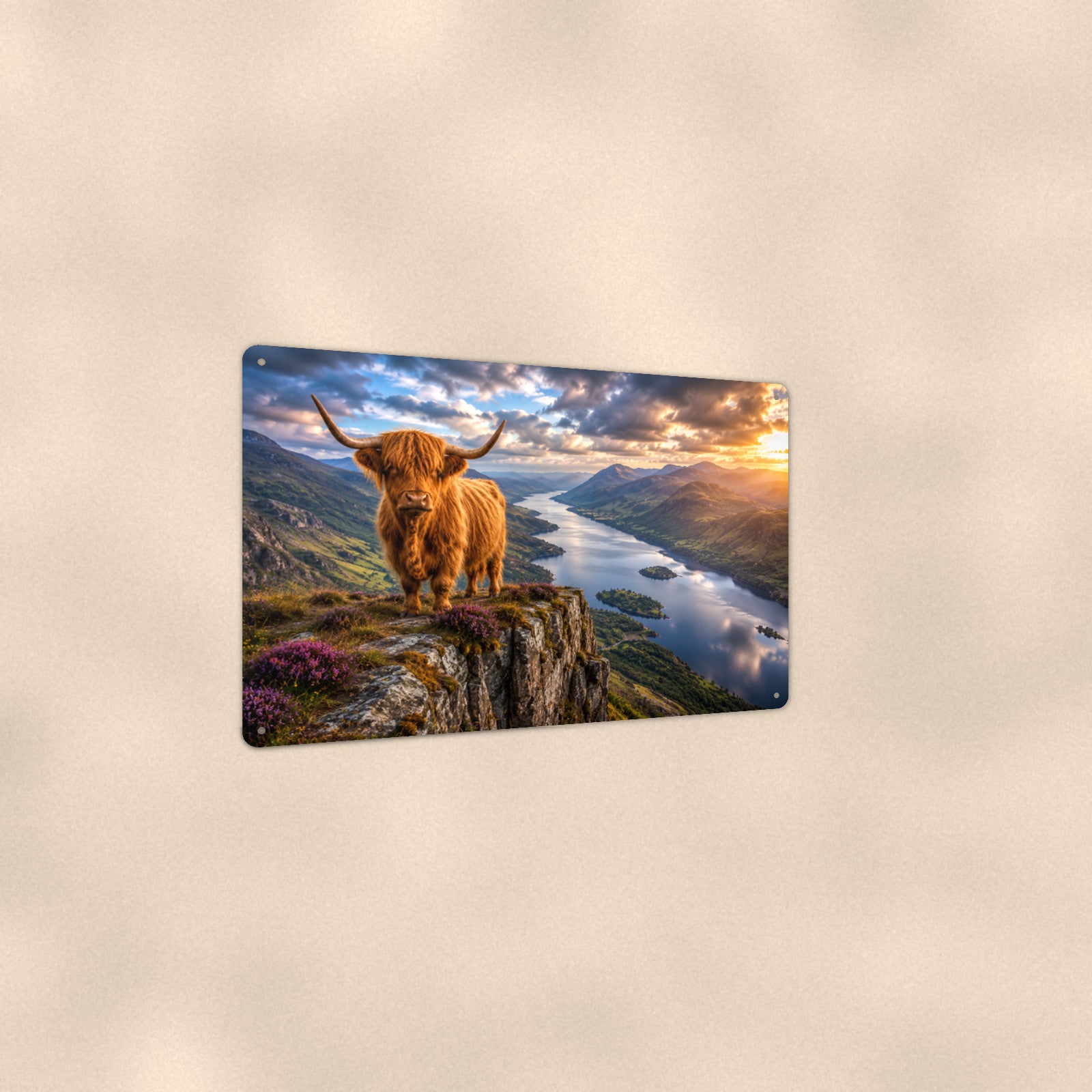 Highland Cow on Cliff Overlooking Loch aluminum metal sign 12" x 8" - angled view showing glossy finish