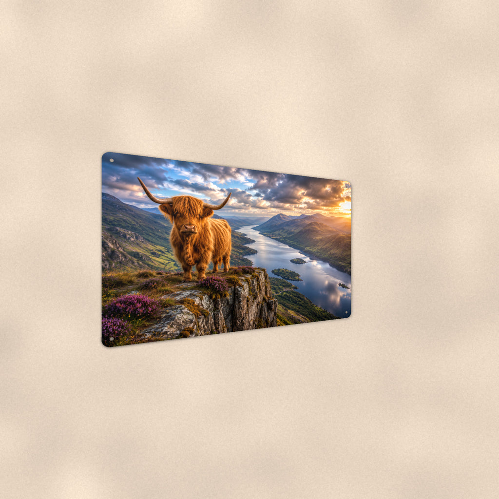 Highland Cow on Cliff Overlooking Loch aluminum metal sign 12" x 8" - detail view of artwork