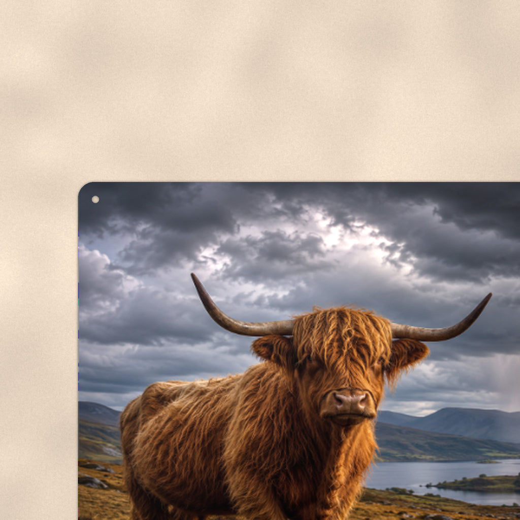 Highland Cow Under Storm Clouds aluminum metal sign 12" x 8" - close-up of rounded corner and mounting hole