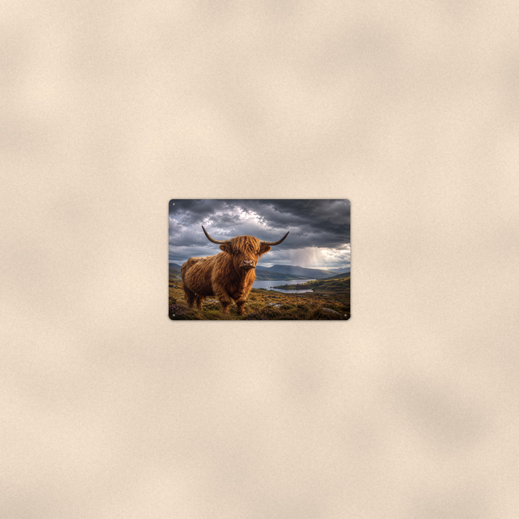Highland Cow Under Storm Clouds aluminum metal sign 12" x 8" - room view on warm wall