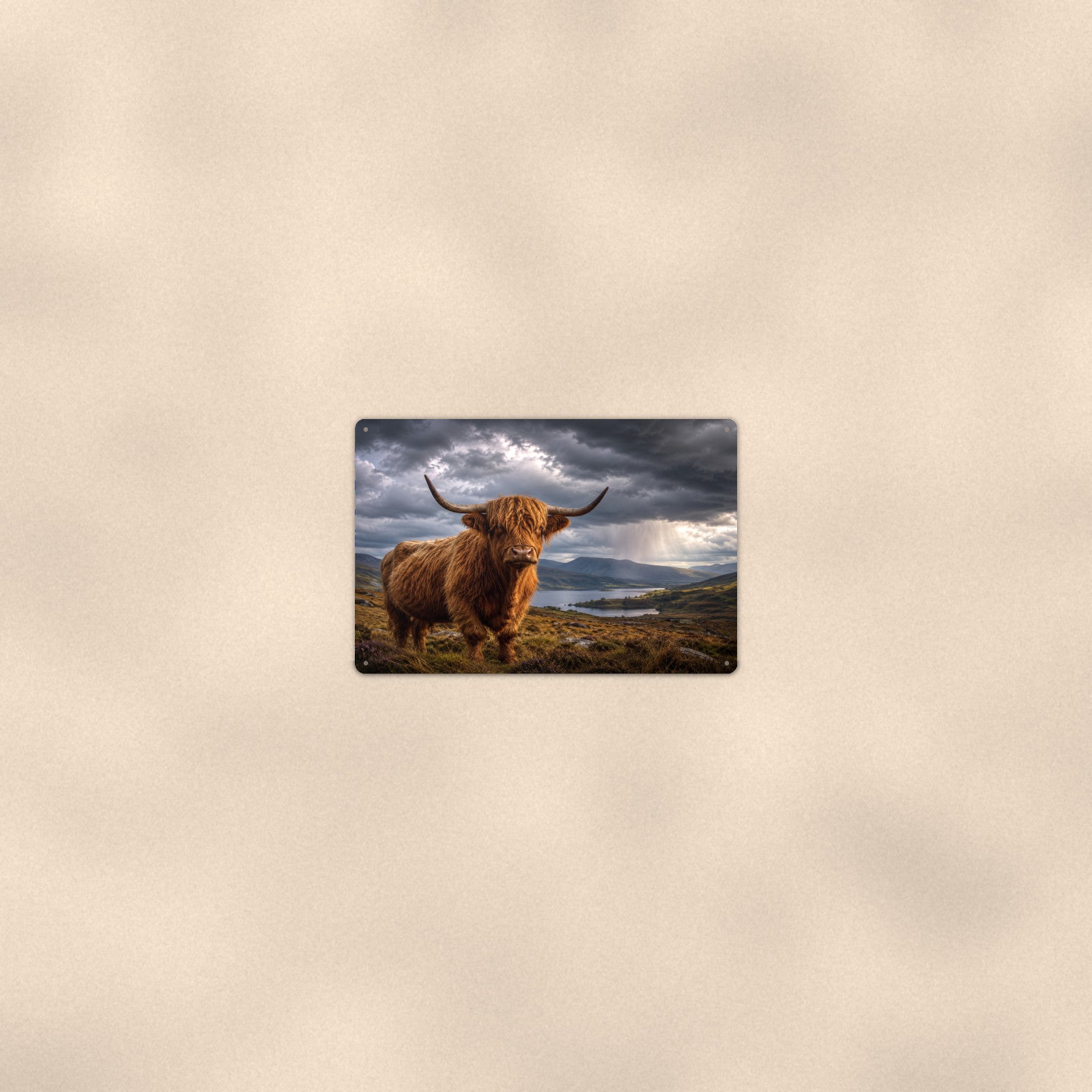 Highland Cow Under Storm Clouds aluminum metal sign 12" x 8" - room view on warm wall