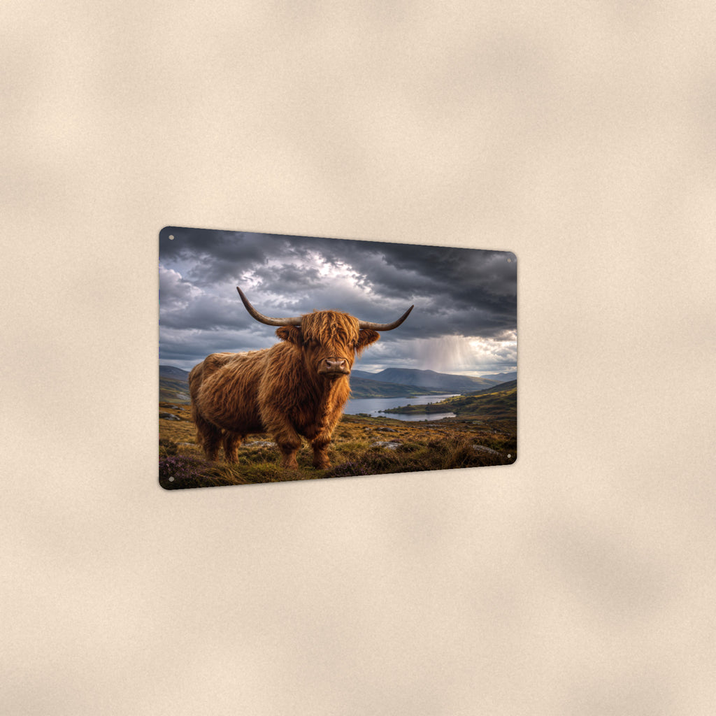 Highland Cow Under Storm Clouds aluminum metal sign 12" x 8" - angled view showing glossy finish