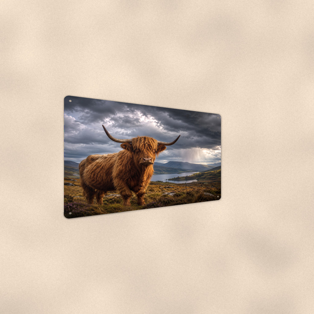 Highland Cow Under Storm Clouds aluminum metal sign 12" x 8" - detail view of artwork