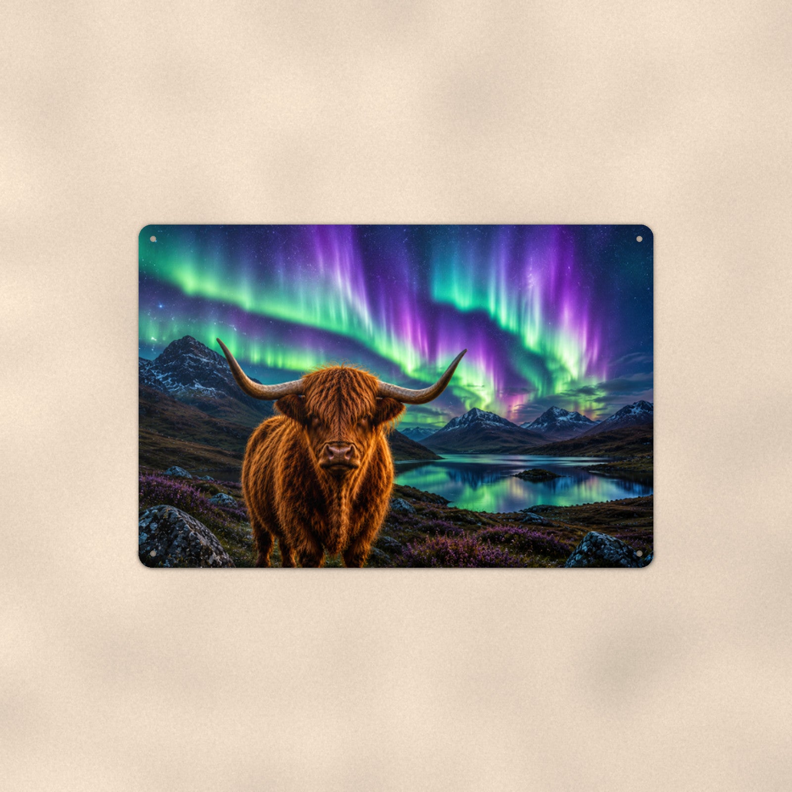 Highland Cow Northern Lights aluminum metal sign 12" x 8" - front view on warm wall