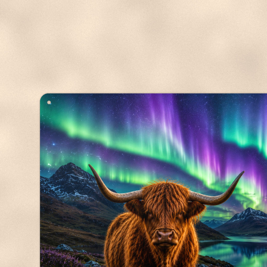 Highland Cow Northern Lights aluminum metal sign 12" x 8" - close-up of rounded corner and mounting hole
