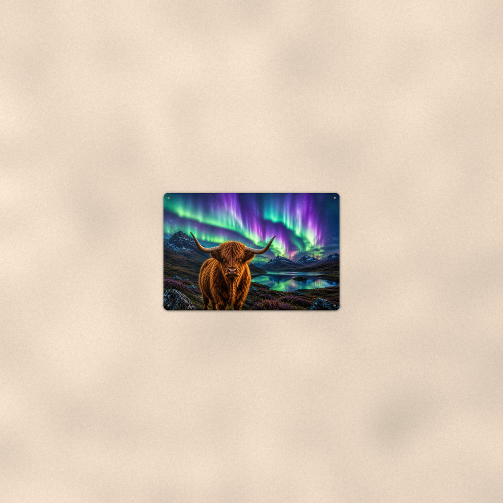 Highland Cow Northern Lights aluminum metal sign 12" x 8" - room view on warm wall