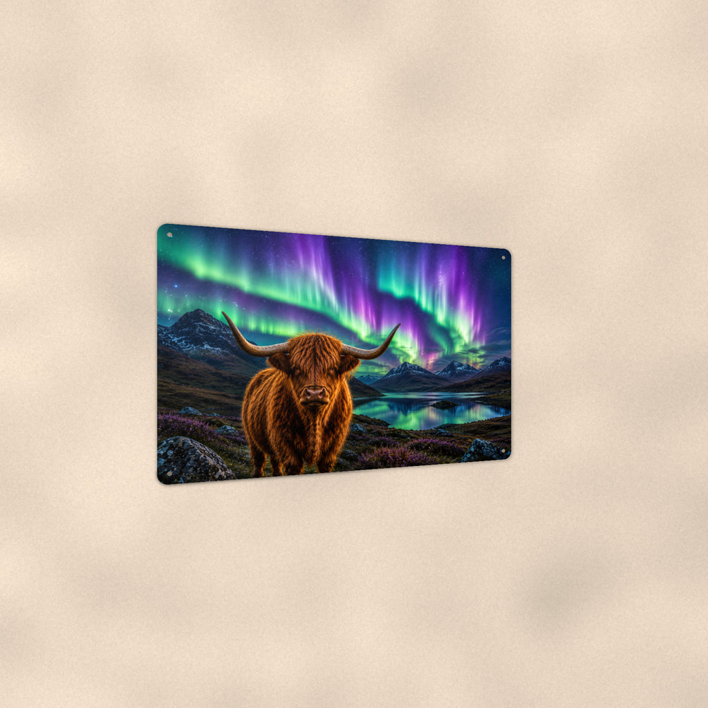 Highland Cow Northern Lights aluminum metal sign 12" x 8" - angled view showing glossy finish