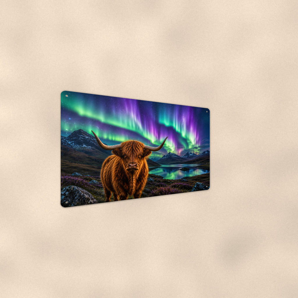 Highland Cow Northern Lights aluminum metal sign 12" x 8" - detail view of artwork