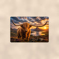 Highland Cow Golden Sunset Loch aluminum metal sign 12" x 8" - front view on warm wall