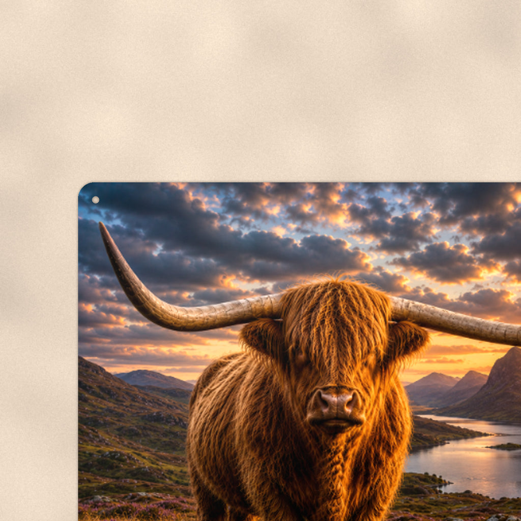 Highland Cow Golden Sunset Loch aluminum metal sign 12" x 8" - close-up of rounded corner and mounting hole
