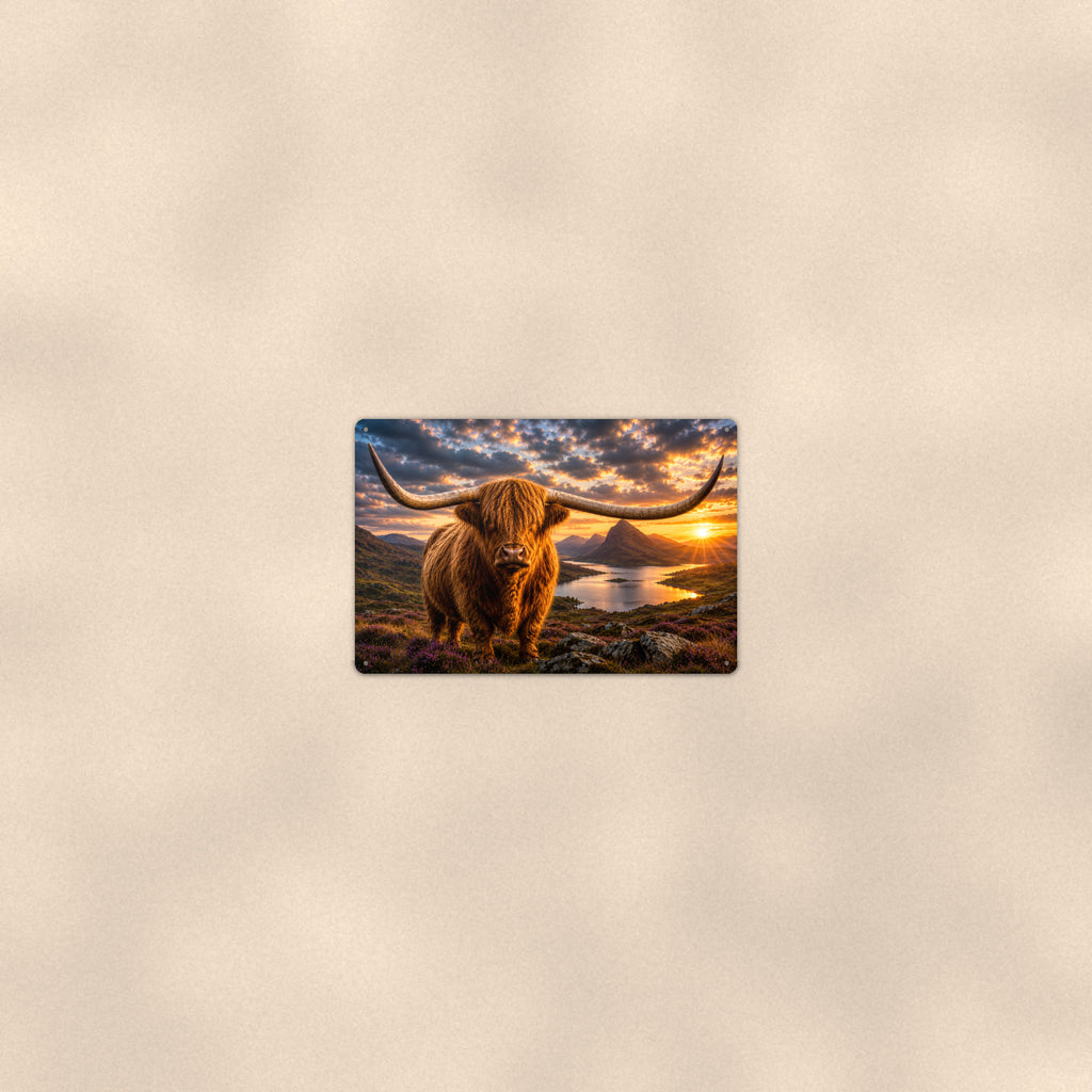 Highland Cow Golden Sunset Loch aluminum metal sign 12" x 8" - room view on warm wall